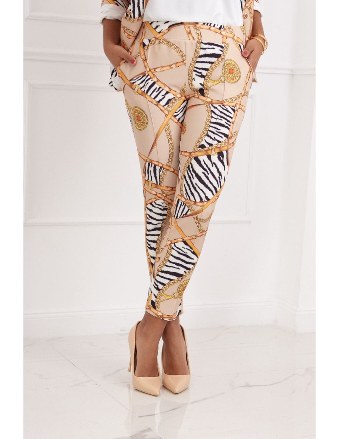 Elegant, beige patterned pants 3004 - Online store - Boutique